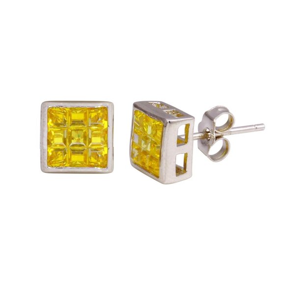 Sterling Silver 925 Rhodium Plated Square DC Yellow CZ Stud Earrings